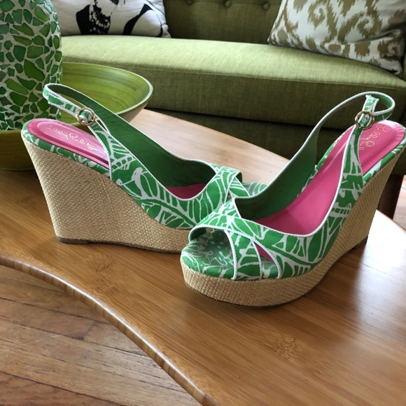 Lilly Pulitzer Green White Floral Wedges 8M - Picture 3 of 6